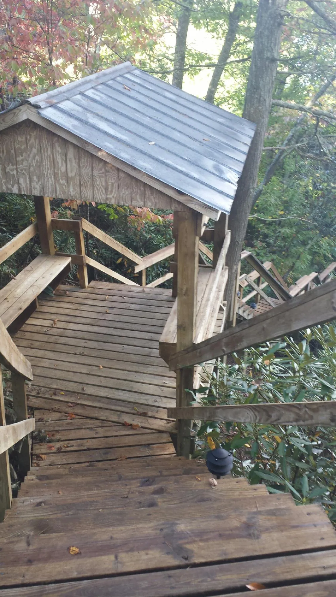 Metal roofed shelter over wooden steps on a wooded walkway — Skylight Repair & Installation work by our crew in Washoe Valley